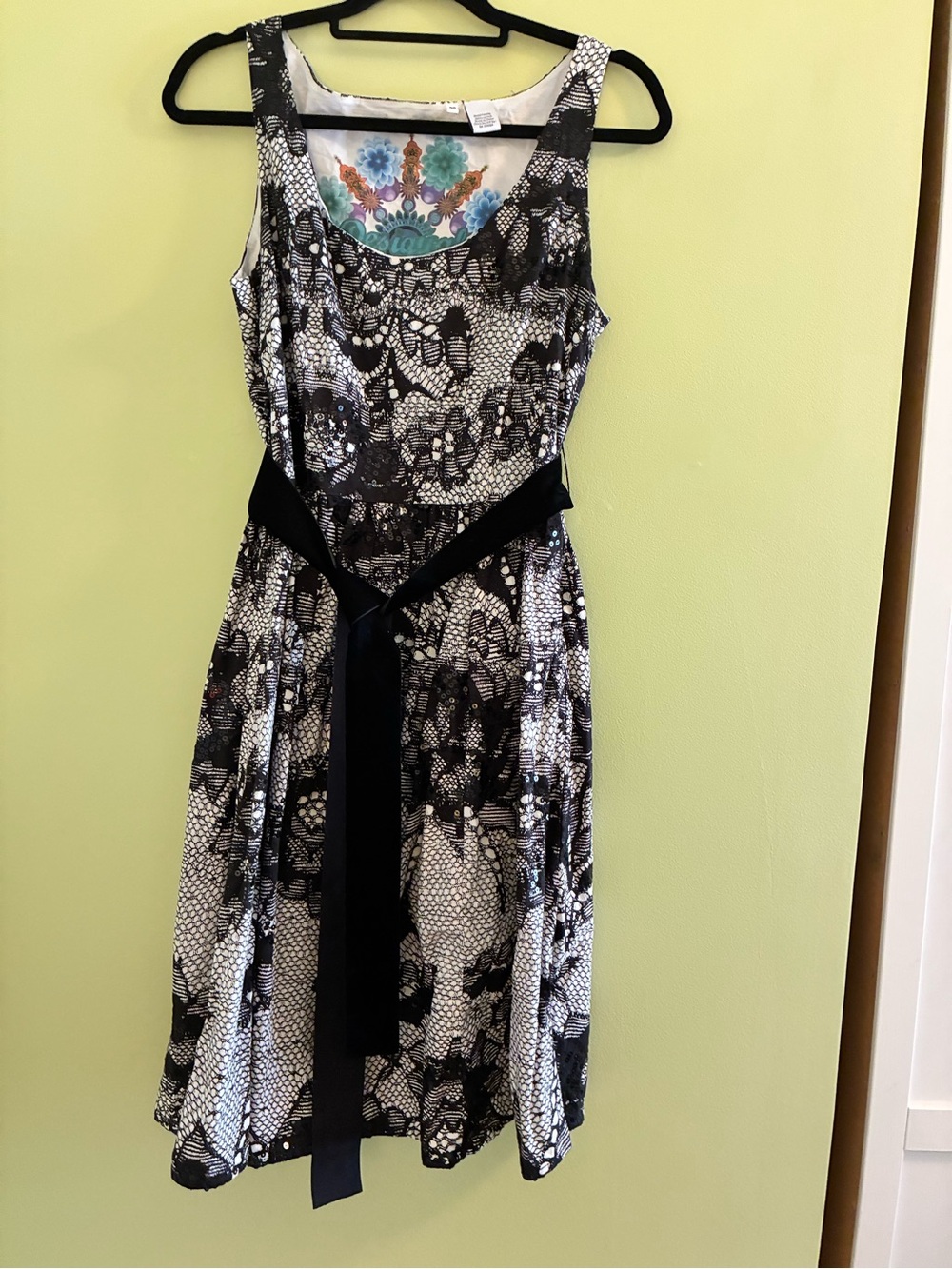 Desigual Black and White Lace-Print Midi Dress with Waist Tie